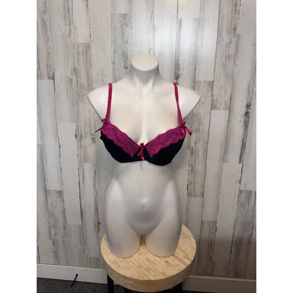 Black Pink Lace Push Up Bra 36C Underwire Lingerie Adjustable Straps